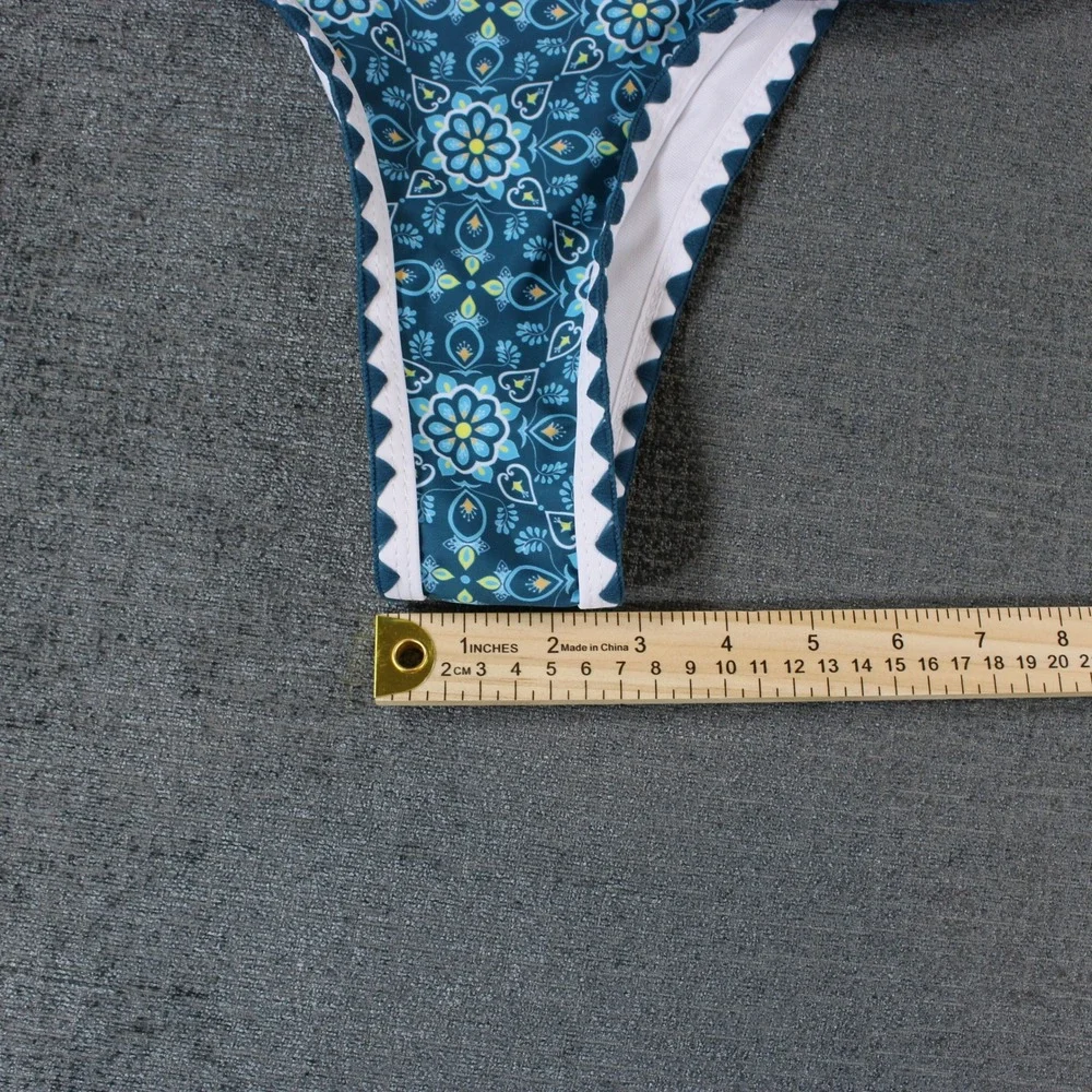 Blue Floral Mandala Ric Rac Trim Triangle Bikini Set High Cut Two Piece Swimsuit